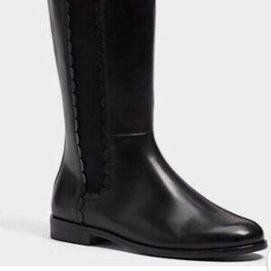NEW  Kate Spade 9M Rayna Black Leather Knee-High Riding Boots Scallop Detail
